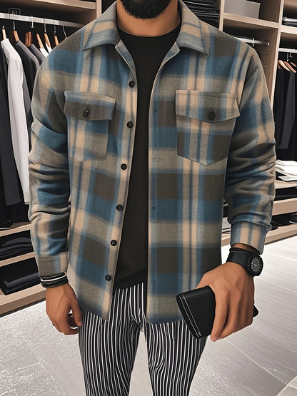 Camisa a cuadros verdes y azules para hombre – Camisa informal a cuadros con botones