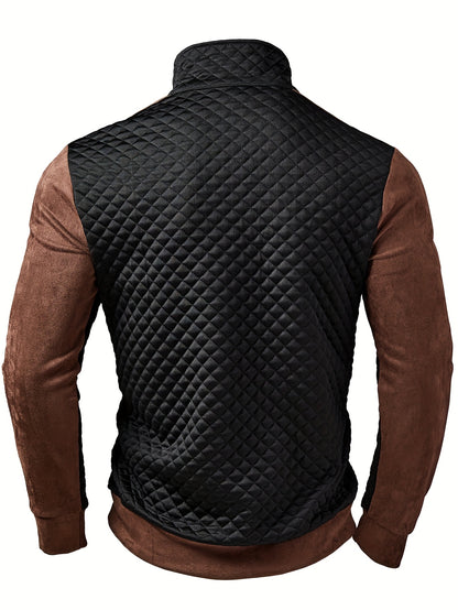 Henley de punto de rombos con cremallera para hombre – Suéter con bloques de color texturizado