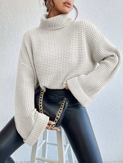 Pull gaufré col montant et épaules tombantes pour femme – Maille bleu vif
