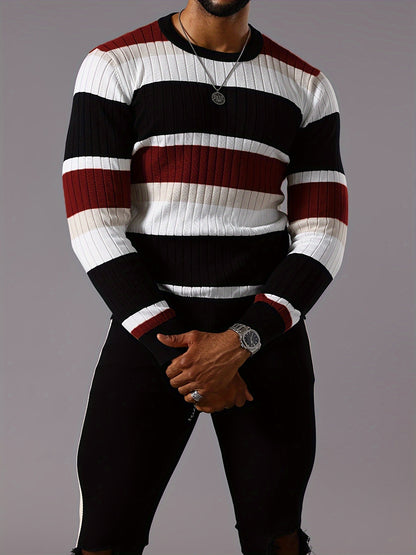 Pull rayé en tricot côtelé pour homme – Pull Color Block Automne Hiver
