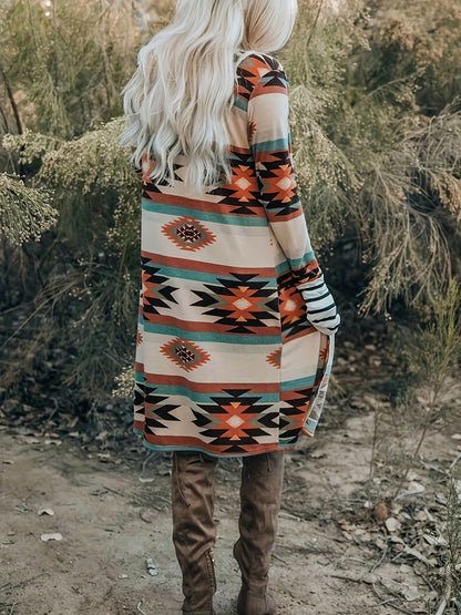 Cárdigan con estampado azteca del suroeste – Chaqueta de punto turquesa y roja para mujer