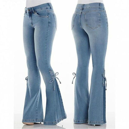 Loom & Soul™ Jeans elásticos de talle medio – Pantalones vaqueros ajustados desgastados para mujer