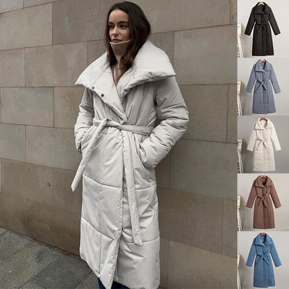 Abrigo de invierno con solapa grande para mujer Loom & Soul™ – Chaqueta larga acolchada de algodón cálido con cinturón y bolsillos
