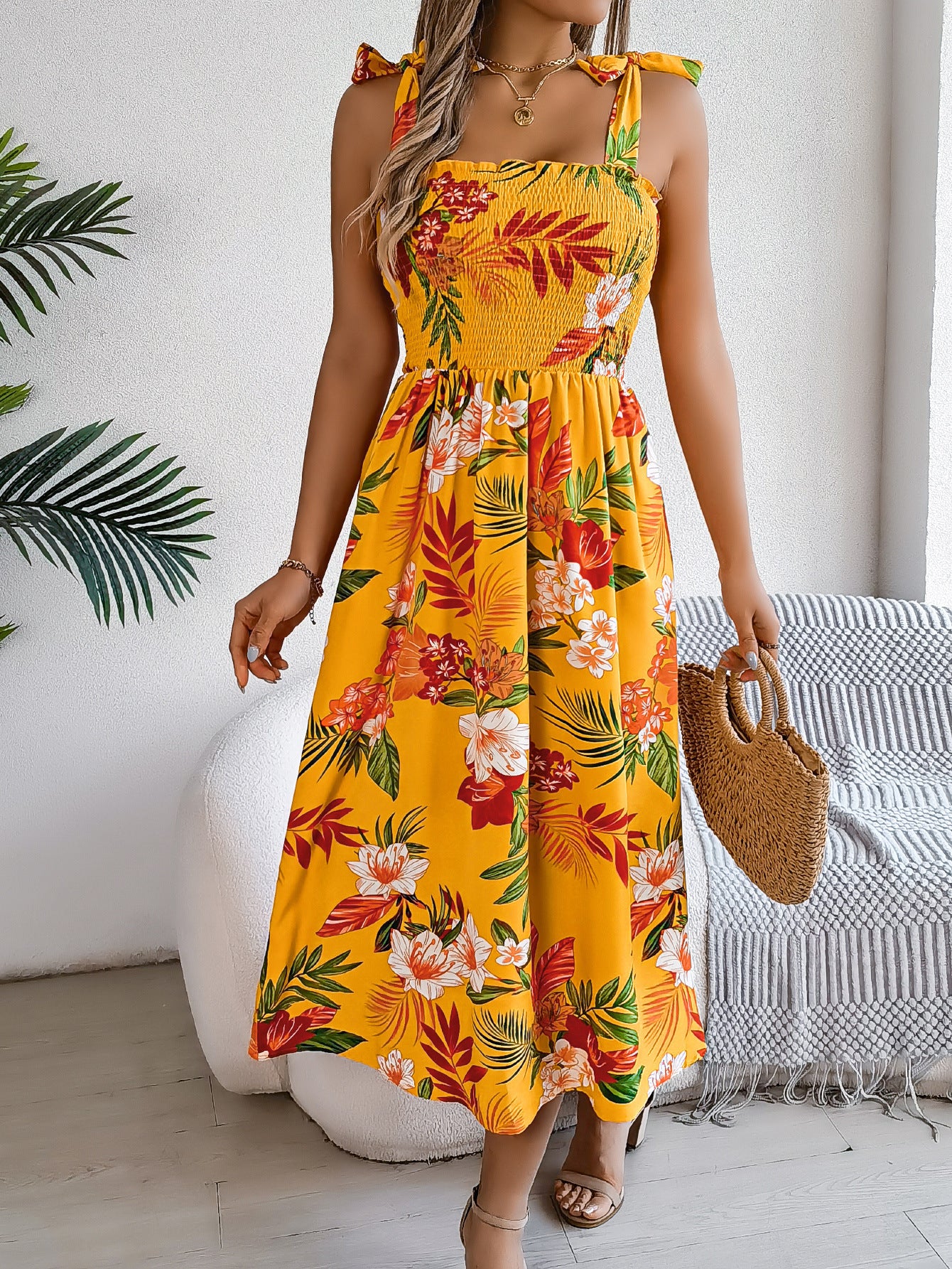 Loom & Soul™ Vestido Largo Corsé Floral – Vestido Playero sin Mangas de Cintura Alta para Mujer