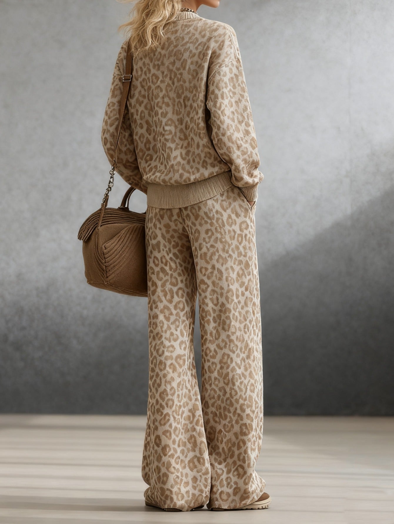 Conjunto de estampado de leopardo para mujer – Atuendo holgado informal en marrón claro