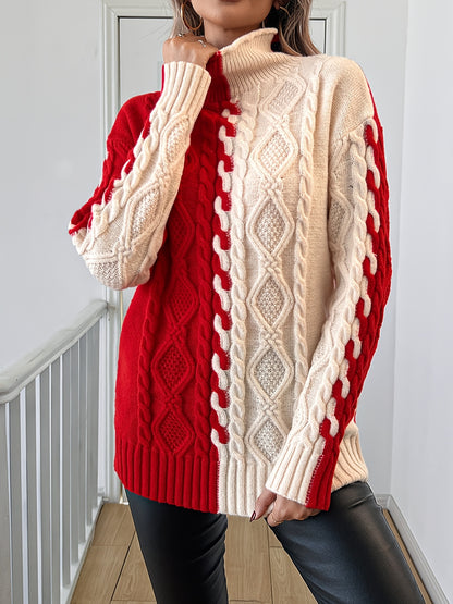 Blusa Elegante de Rayas con Cuello Alto – Top de Manga Larga de Punto Color Block