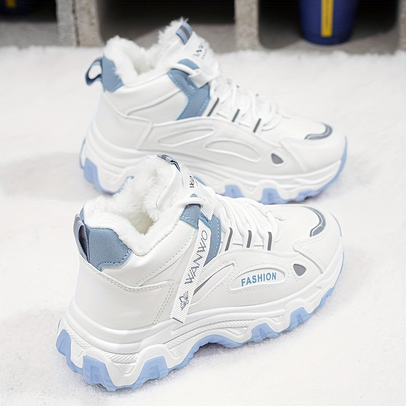 Botas de Nieve de Vellón Acogedoras para Mujer – Zapatos de Invierno Blancos y Azules con Suela Gruesa Antideslizante