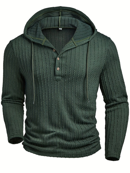 Camisa Henley con capucha para hombre – Sudadera texturizada informal de manga larga con cordón