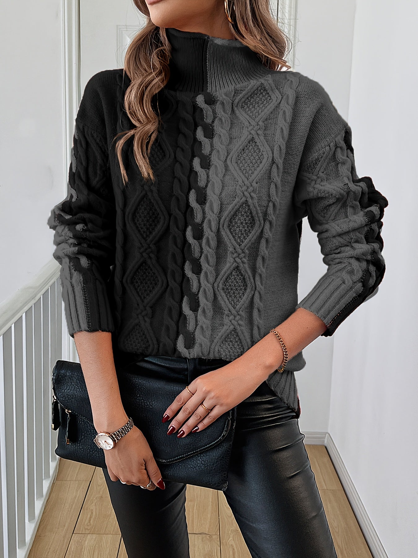 Blusa Elegante de Rayas con Cuello Alto – Top de Manga Larga de Punto Color Block