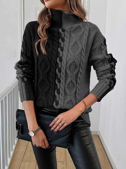 Blusa Elegante de Rayas con Cuello Alto – Top de Manga Larga de Punto Color Block