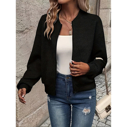Chaqueta bomber texturizada de Loom & Soul para mujer – Abrigo de moda de otoño con cuello alto y cremallera | Ropa de abrigo informal, ligera y elegante