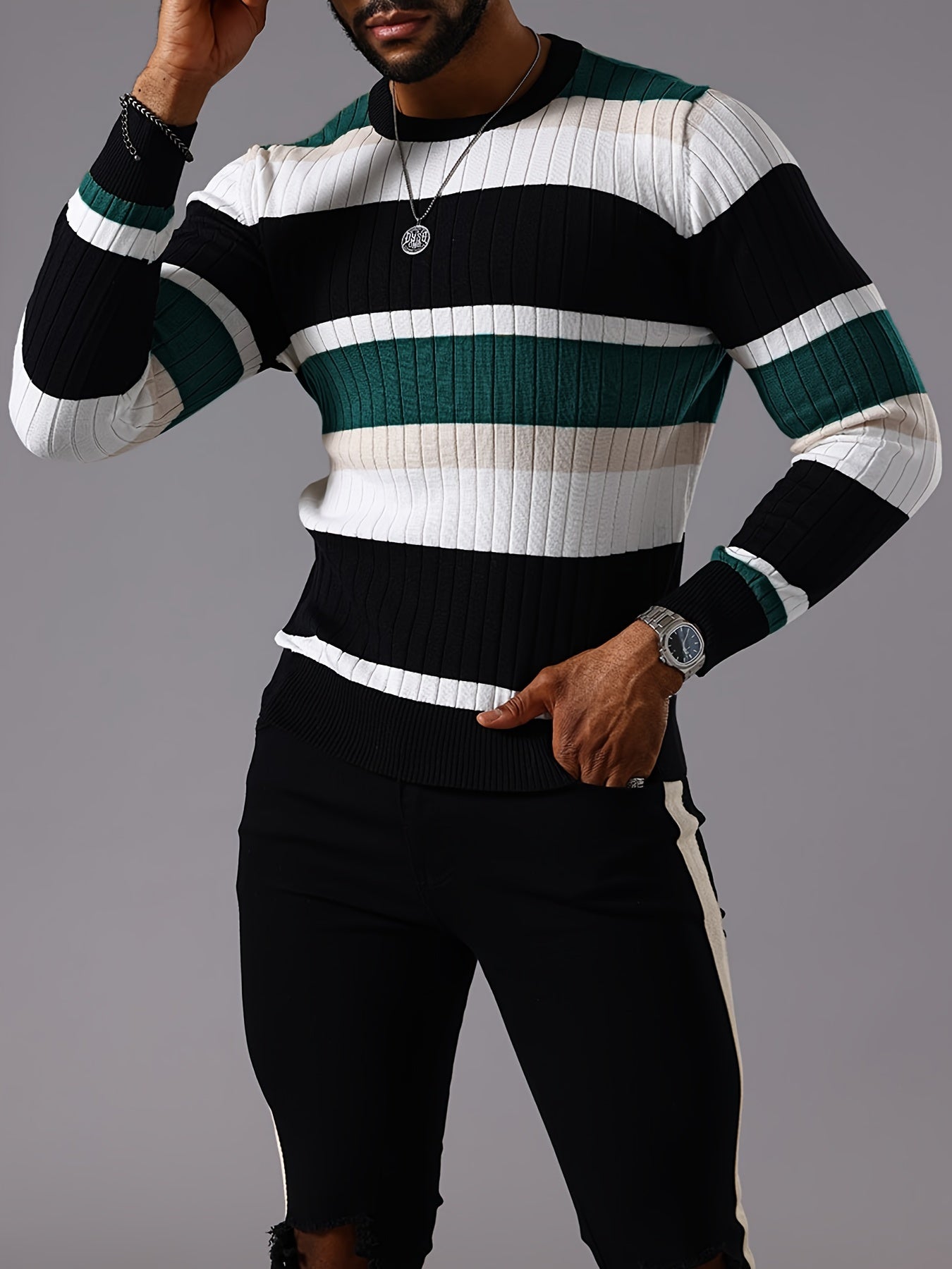 Pull rayé en tricot côtelé pour homme – Pull Color Block Automne Hiver