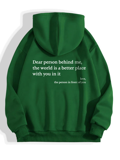 Sudadera con capucha Loom & Soul «Dear Person Behind Me» – Suéter afelpado estampado para mujer con bolsillo canguro y cordón ajustable en la capucha (unisex, varios colores)