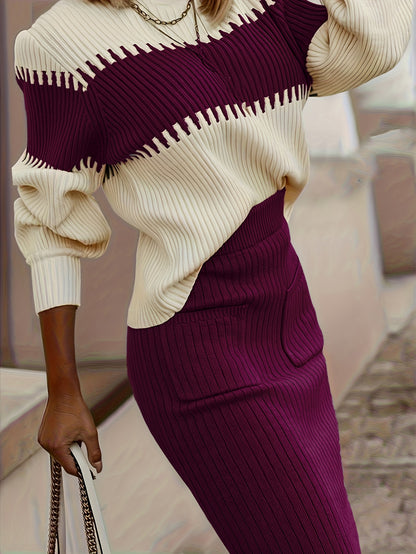 Conjunto de suéter y falda de cuello alto con bloques de color – Dos piezas elegantes de invierno