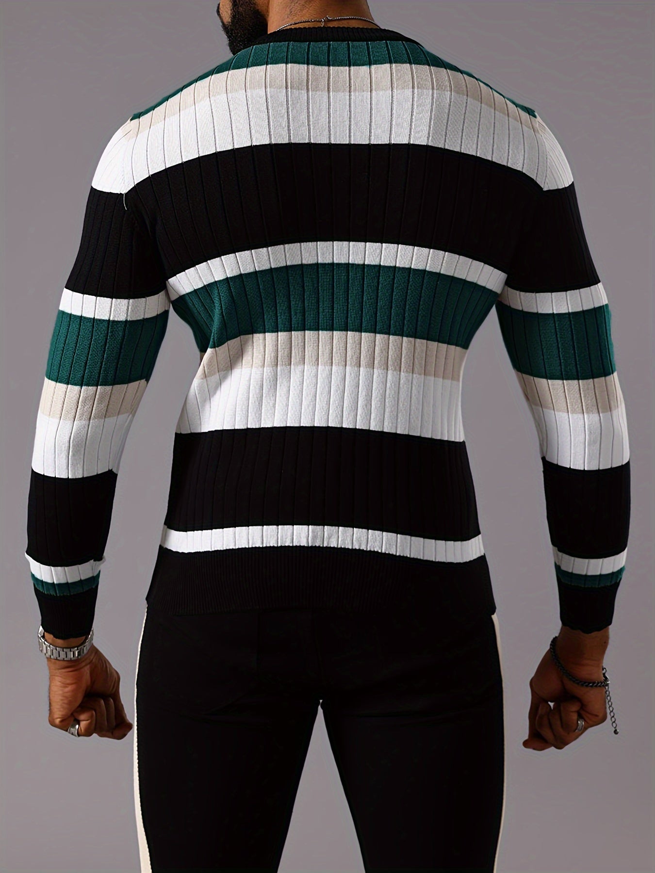 Pull rayé en tricot côtelé pour homme – Pull Color Block Automne Hiver