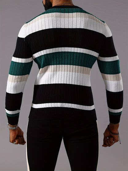 Pull rayé en tricot côtelé pour homme – Pull Color Block Automne Hiver
