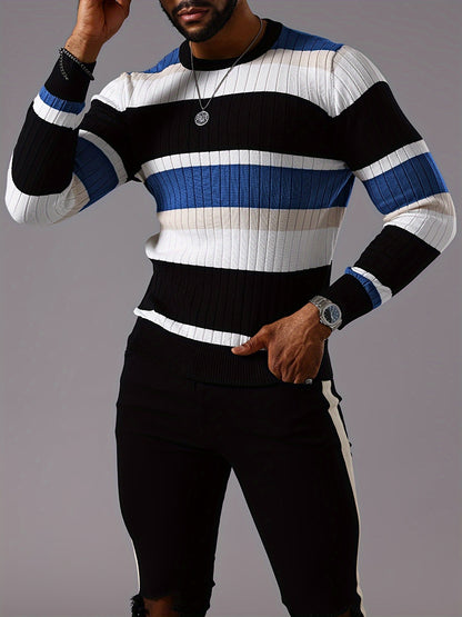 Pull rayé en tricot côtelé pour homme – Pull Color Block Automne Hiver
