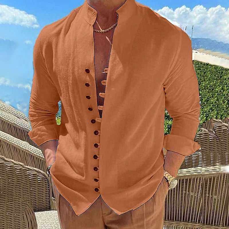 Camisa de lino y algodón para hombre con cuello alto – Cárdigan casual de corte holgado