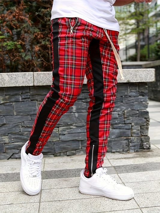 Men’s Red & Black Plaid Joggers – 3D Knit Streetwear Trousers