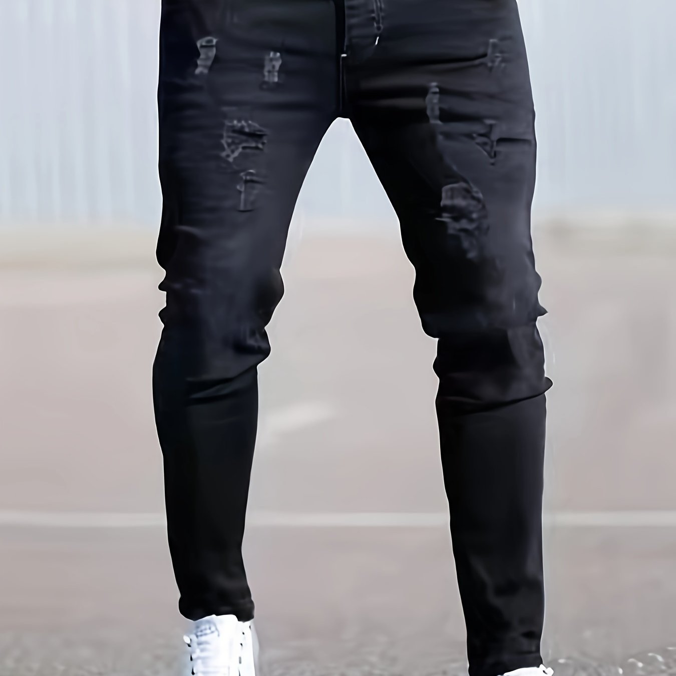Vaqueros pitillo negros desgastados para hombre – Tejido elástico rasgado para todas las estaciones