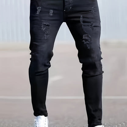 Vaqueros pitillo negros desgastados para hombre – Tejido elástico rasgado para todas las estaciones