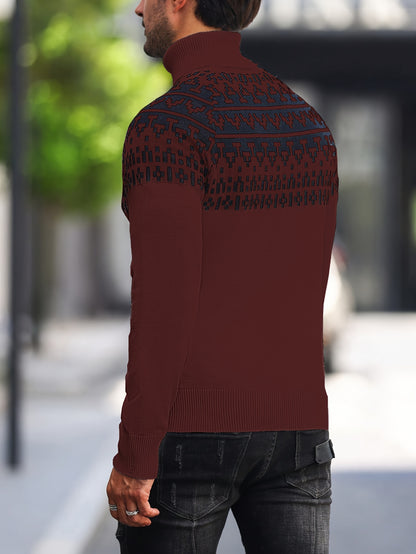 Men’s Geometric Turtleneck Sweater – Casual Knit Pullover for Fall & Winter