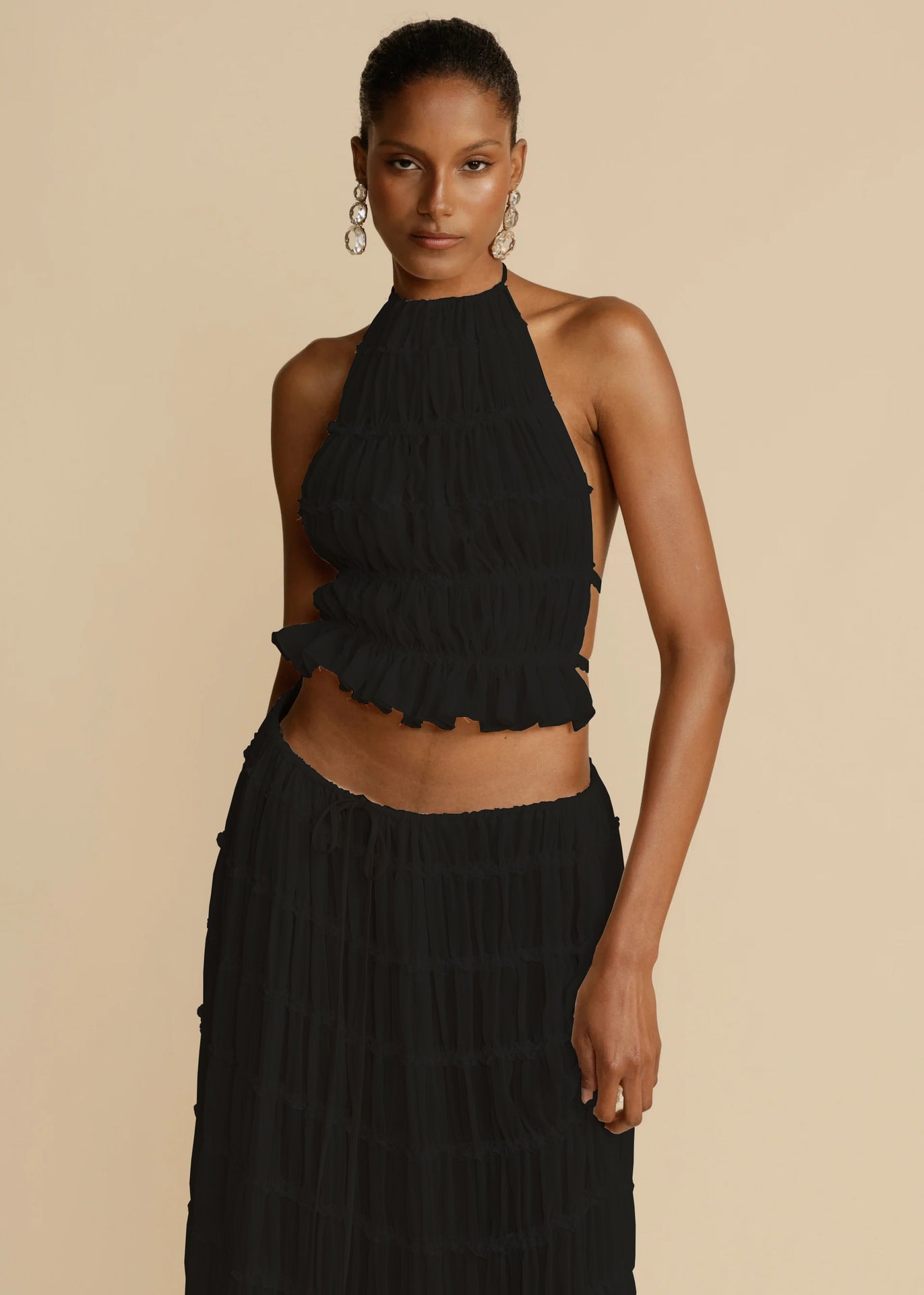 Conjunto de falda y top Loom & Soul™ de 2 piezas – Top corto sin espalda y falda larga plisada de talle alto para mujer