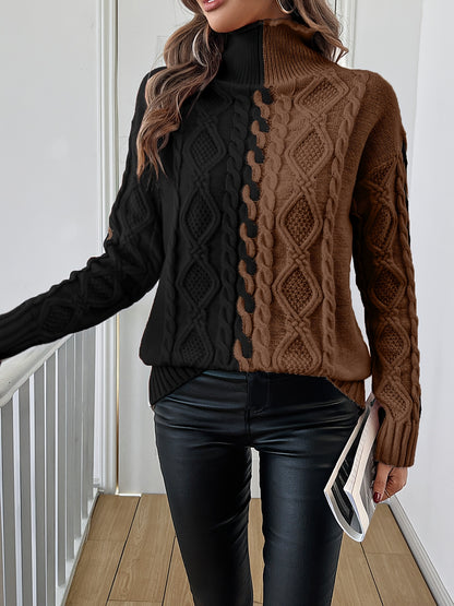 Blusa Elegante de Rayas con Cuello Alto – Top de Manga Larga de Punto Color Block