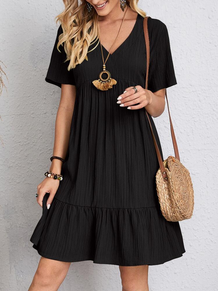 Robe à col en V à volants Loom & Soul™ – Robe d'été décontractée à manches courtes pour femme