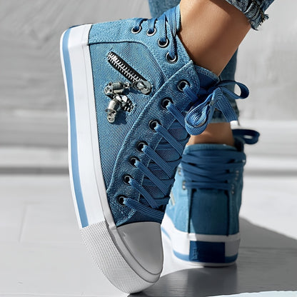 Skull Pattern Sneakers – Lace-Up Mid-Top Casual Streetwear Shoes
