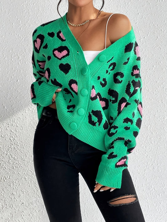 Leopard Jacquard Sweater – Elegant Women’s Casual Knit for Spring/Fall