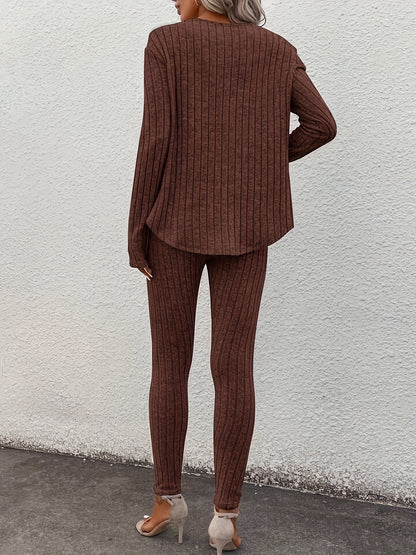Ribbed Slim Fit Suit – Women’s V-Neck Long Sleeve Top & Pants Set
