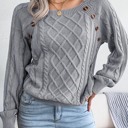 Jersey texturizado de mujer con manga farol – Top de punto con detalles de botones