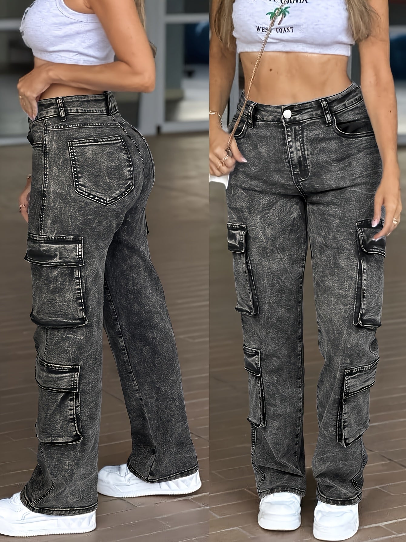 Vaqueros cargo de cintura alta para mujer – Pantalones de mezclilla de trabajo con múltiples bolsillos