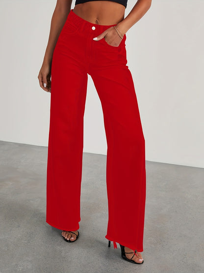 Pantalones vaqueros de mujer de talle alto y pernera ancha – Vaqueros elásticos informales holgados