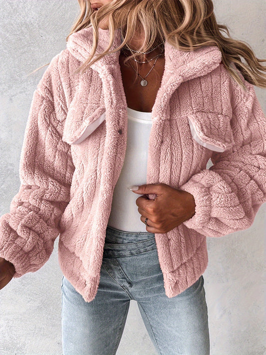 Women’s Soft Pink Plush Jacket – Button-Up Lapel Winter Cozy Outerwear