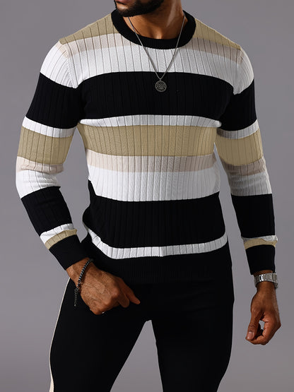 Pull rayé en tricot côtelé pour homme – Pull Color Block Automne Hiver