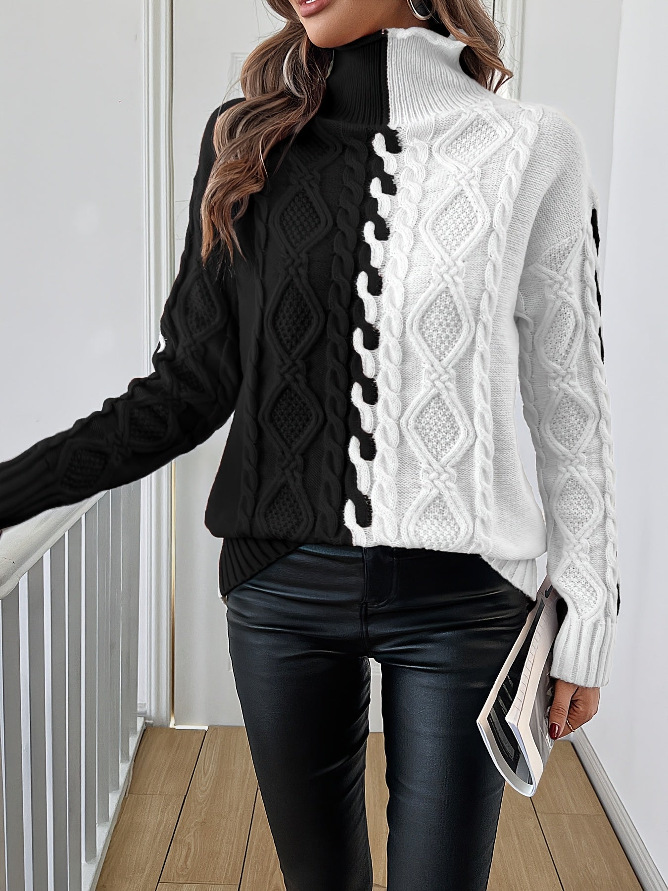 Blusa Elegante de Rayas con Cuello Alto – Top de Manga Larga de Punto Color Block