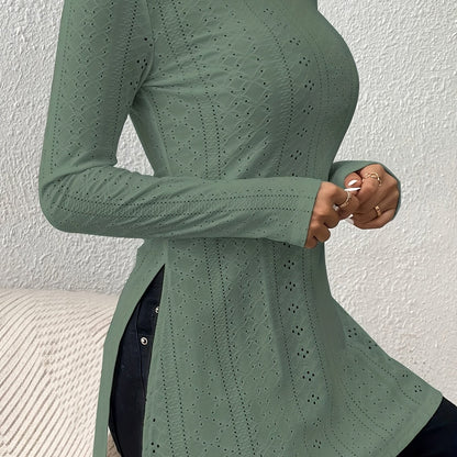 Elegante Top de Manga Larga con Bajo Hendido – Camiseta de Ojal de Cuello Redondo