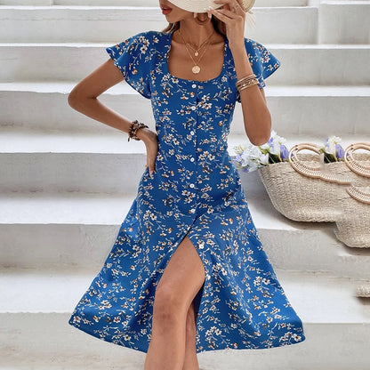 Boho Floral Button-Up Maxi Dress – Split Summer Beach Dress