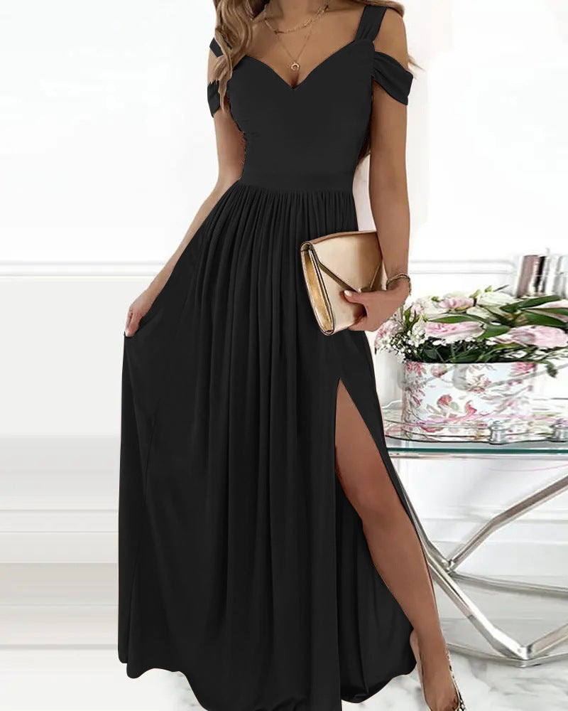 Maxivestido bohemio con cuello en V y tirantes finos – Vestido playero vaporoso con abertura lateral