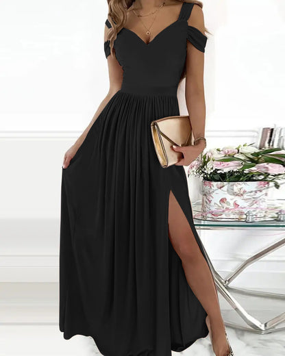Maxivestido bohemio con cuello en V y tirantes finos – Vestido playero vaporoso con abertura lateral