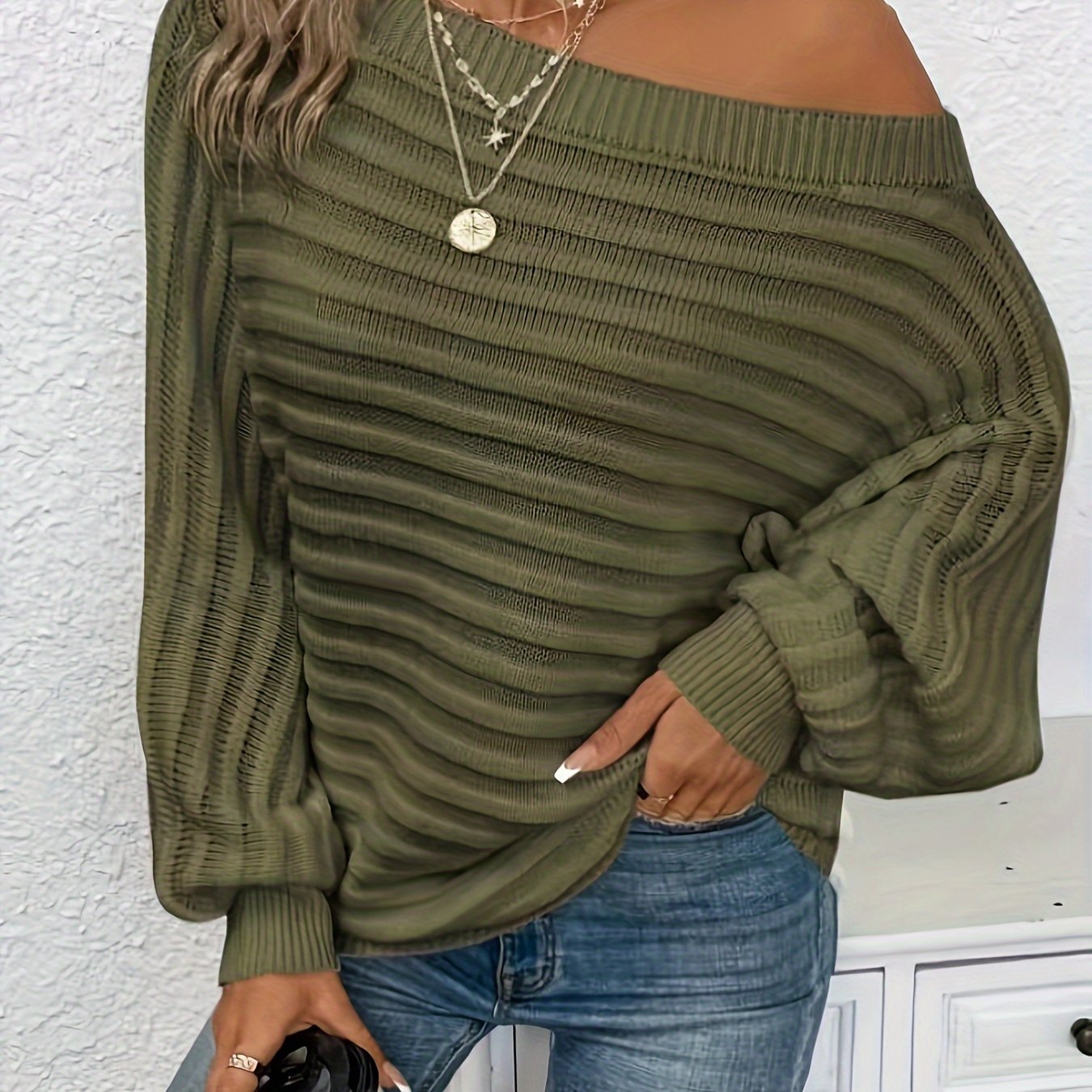 Blusa de talla grande con hombros descubiertos – Blusa informal de manga murciélago acanalada