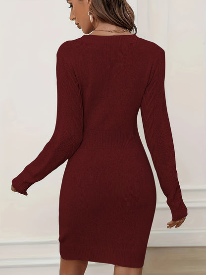 Vestido ajustado de manga larga con cintura ceñida – Elegante vestido de suéter con cuello redondo