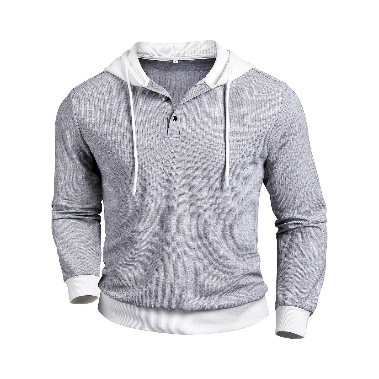Sudadera con capucha de punto gofre y botones para hombre – Manga larga de ajuste entallado con contraste