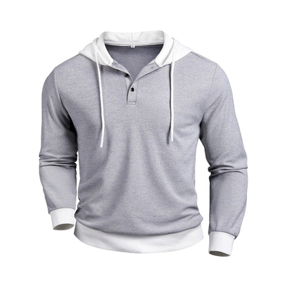 Sudadera con capucha de punto gofre y botones para hombre – Manga larga de ajuste entallado con contraste