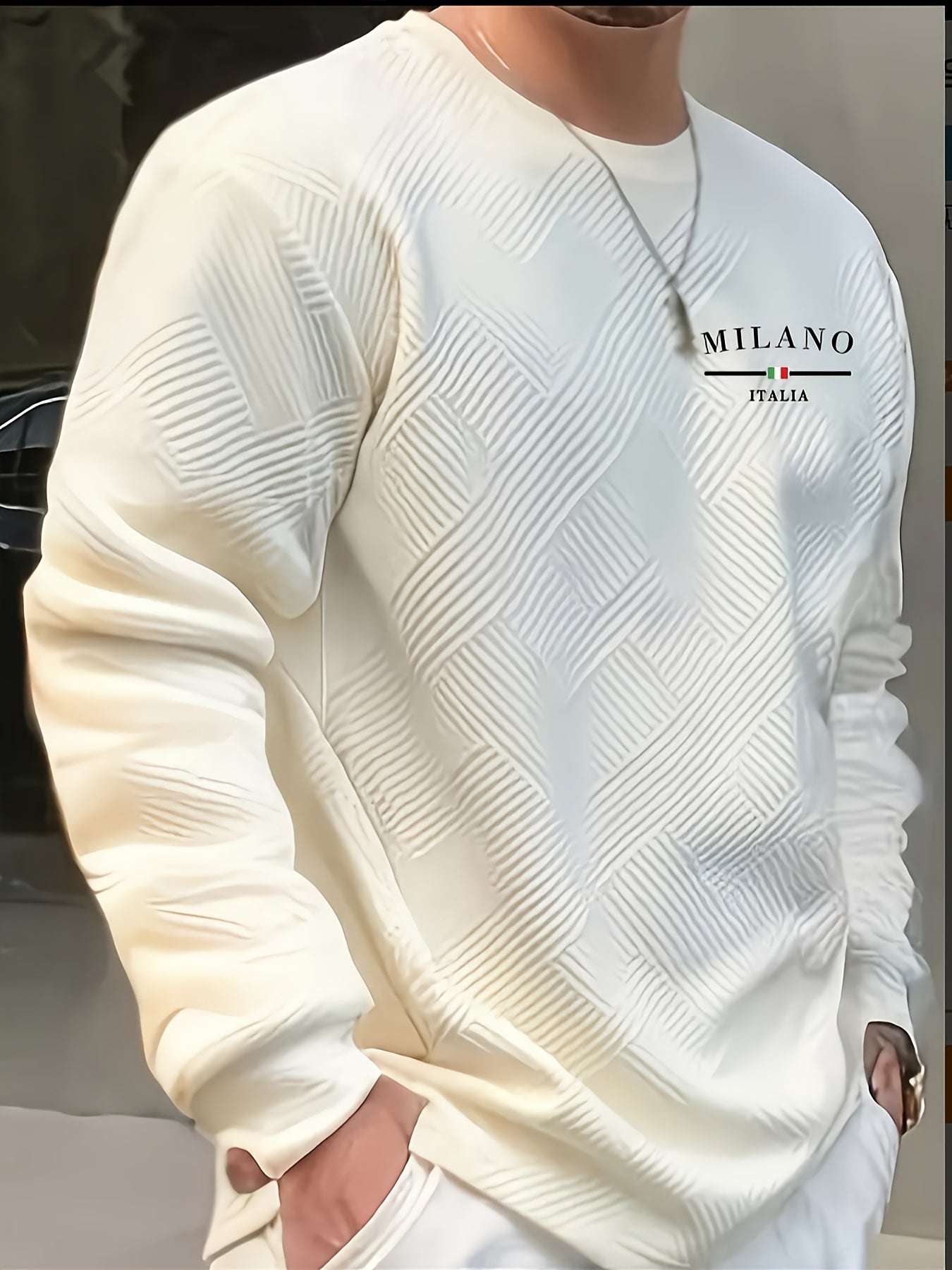 Sudadera jacquard de cuello redondo para hombre – Jersey casual de manga larga con estampado geométrico