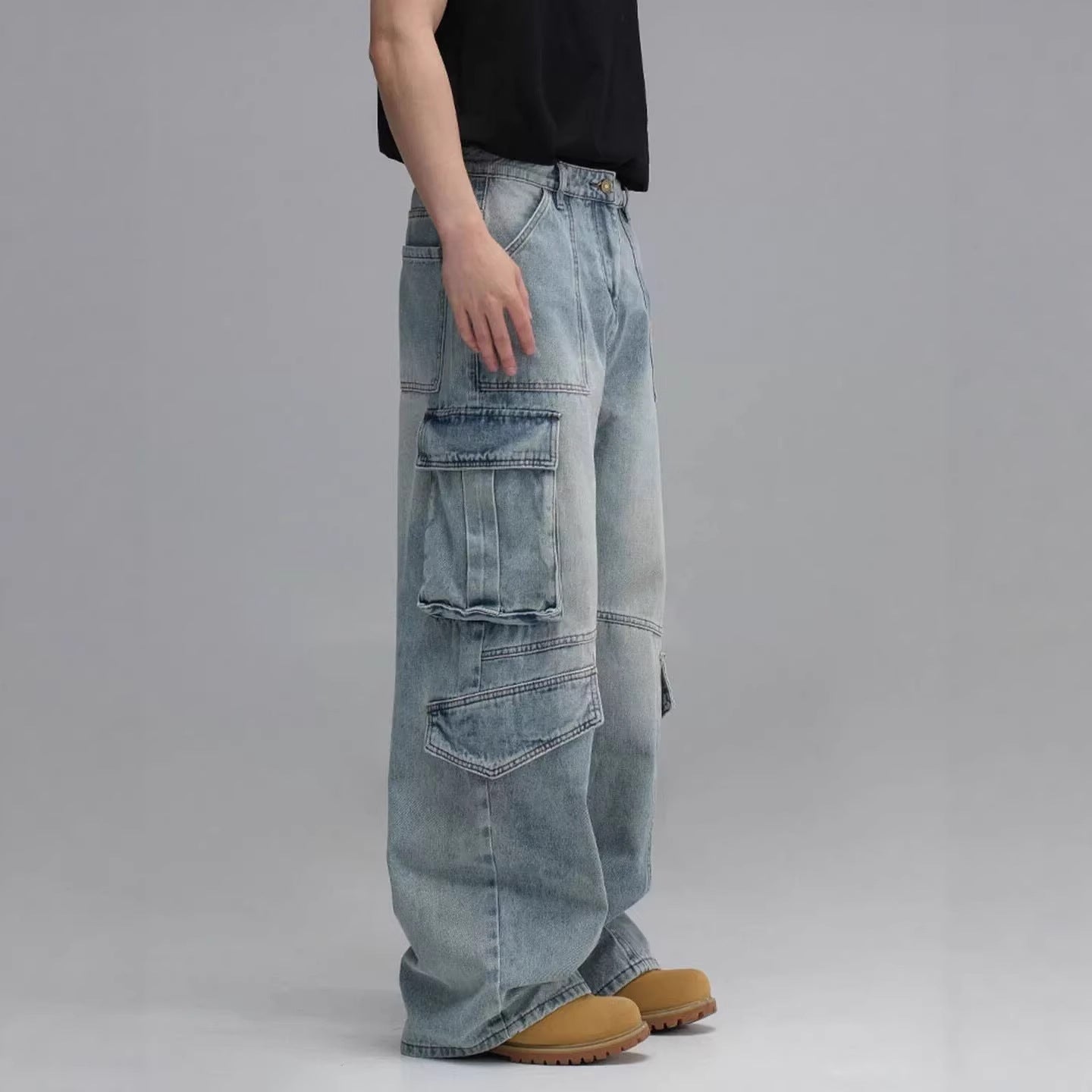 Men’s Workwear Denim Jeans – Wide-Leg Multi-Pocket Fit