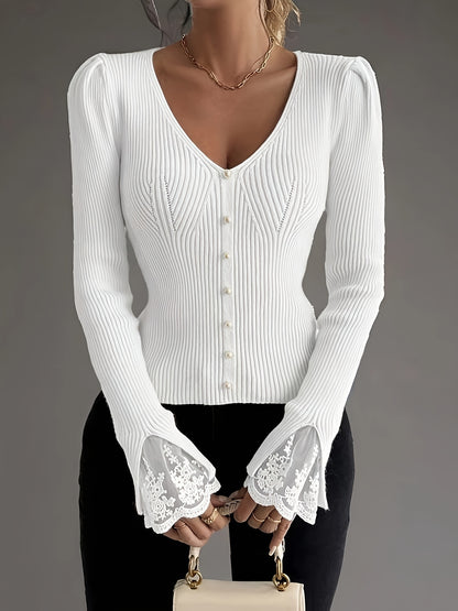 Pull élégant rose à col en V pour femme – Haut en maille côtelée à manches longues