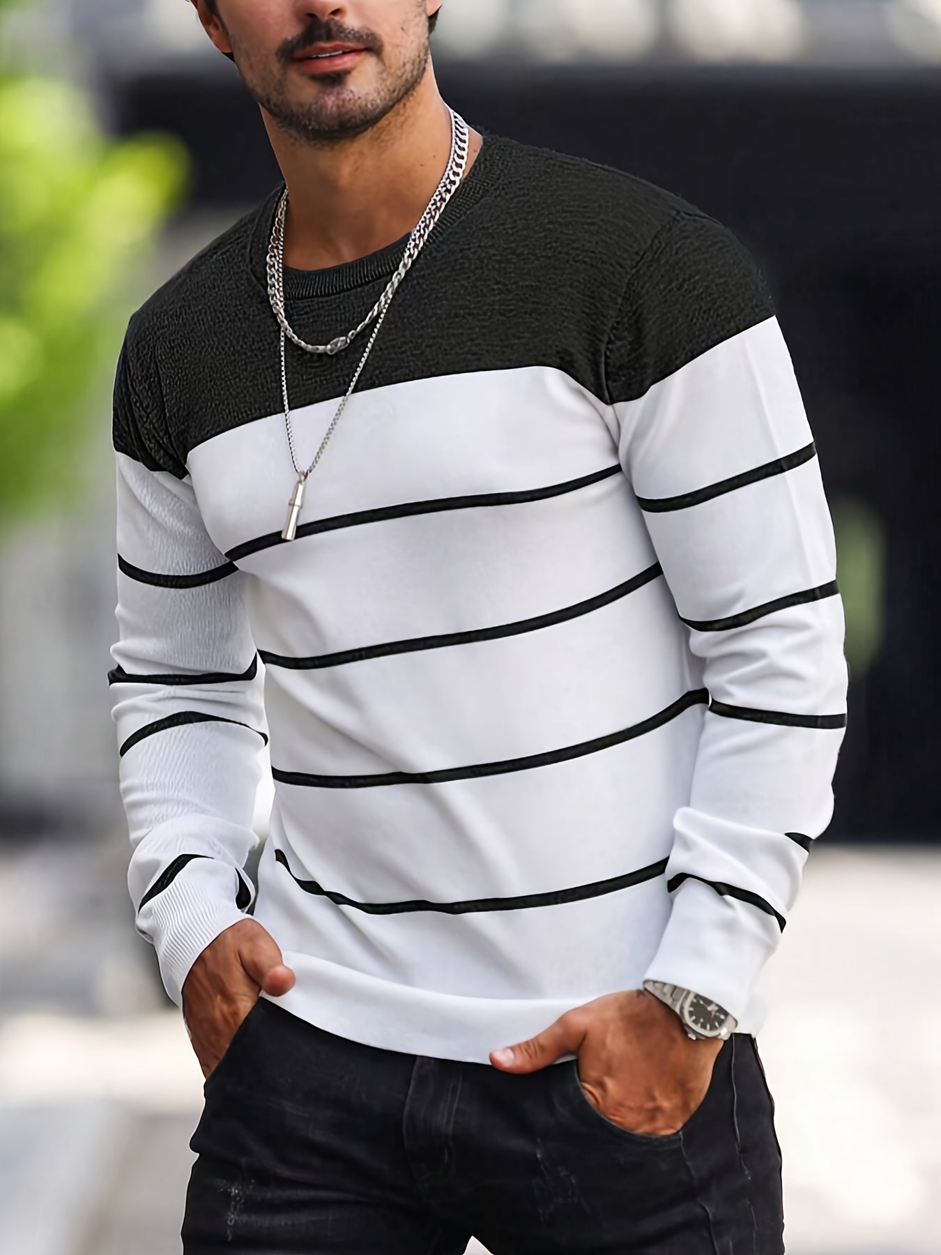 Suéter de punto a rayas azul marino para hombre – Sudadera informal de cuello redondo